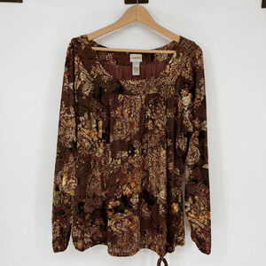 Chico's Velvet Burnout Blouse Size 3‎ or XL Maroon Gold Floral Print